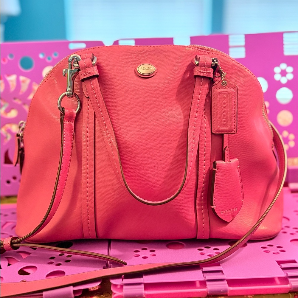 Coach Pink Leather Double Zip Dome Satchel with crossbody strap excellent